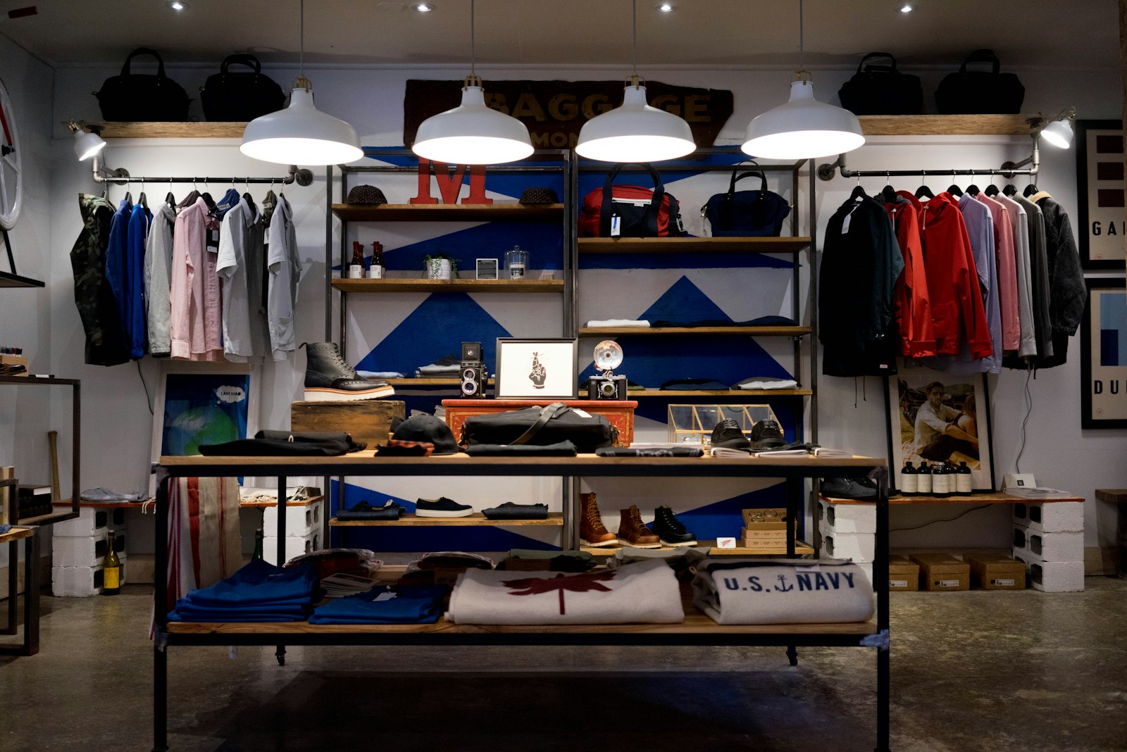 A retail shop floor with neatly arranged merchandise